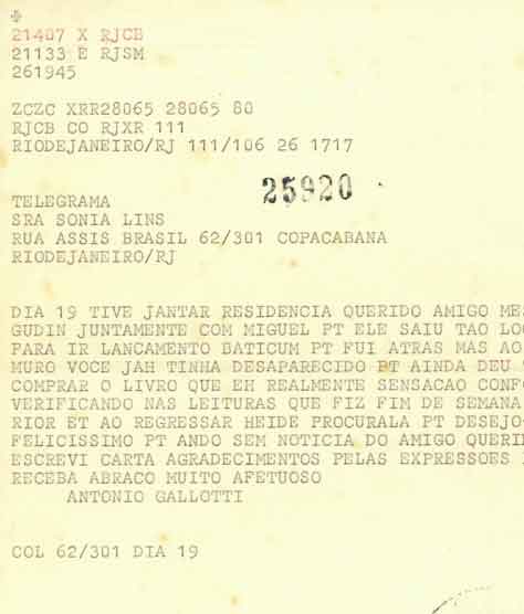Telegrama de Antonio Galotti